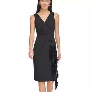 NWT DKNY Elegant Black Midi Dress with Fringe Detail size 10